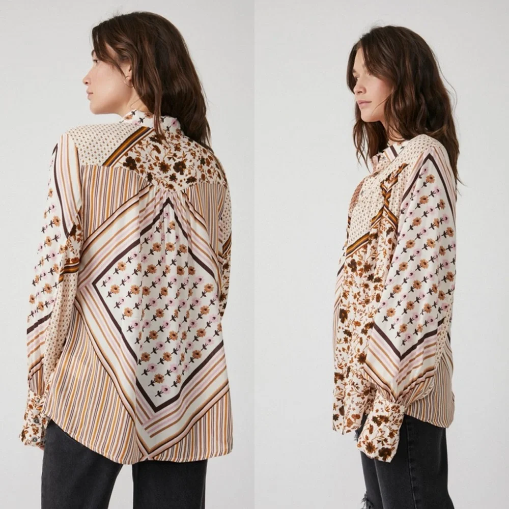 Free People Button Down Shirt M Long Sleeve Hazel Printed Blouse Top